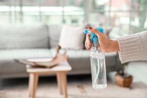 Person spraying a bottle in a living room.